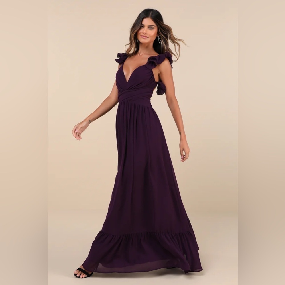Lulus Soiree Celebration Purple Ruffled Lace-Up Maxi
Dress - Picture 4 of 10
